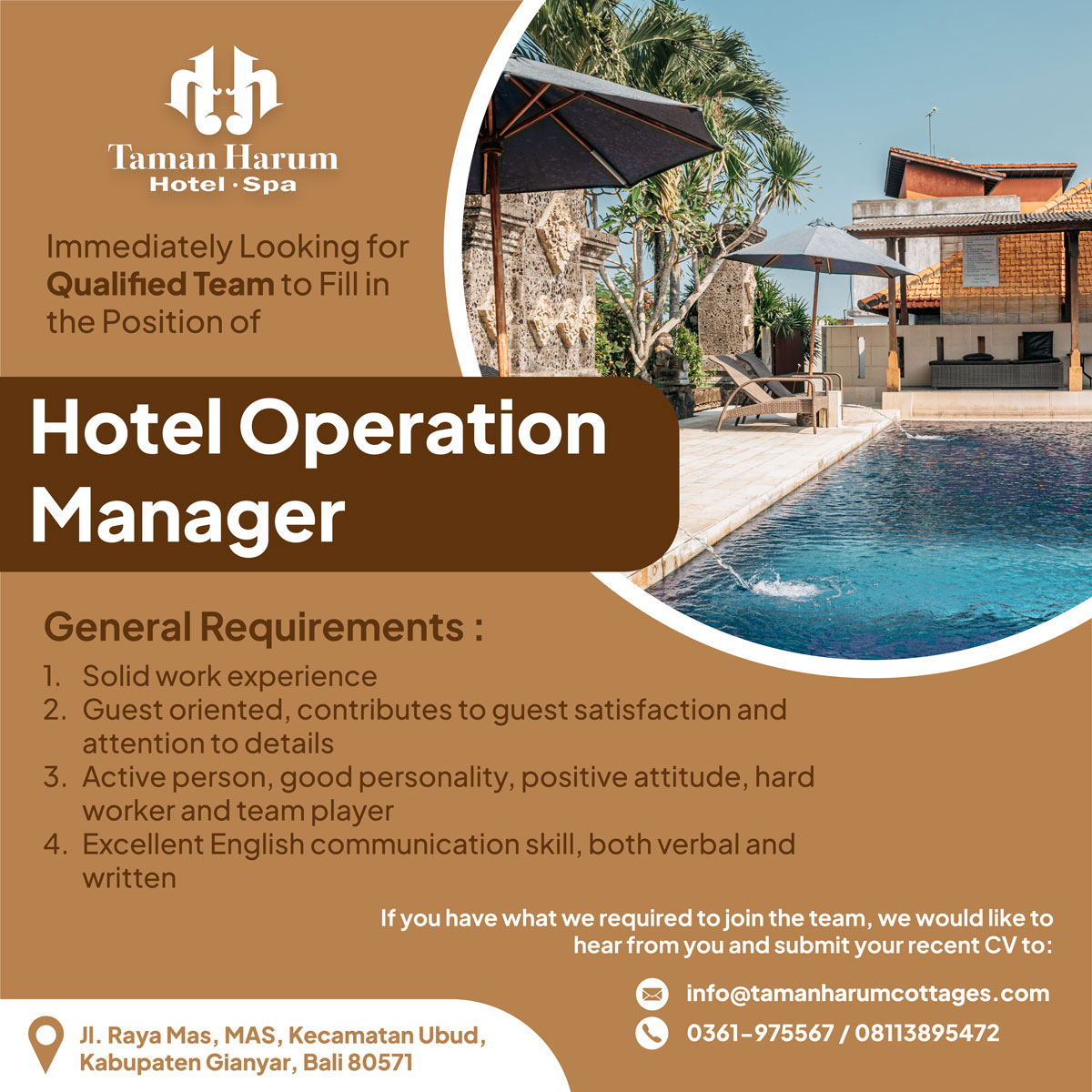 Lowongan Hotel Operation Manager di Taman Harum Cottages Ubud