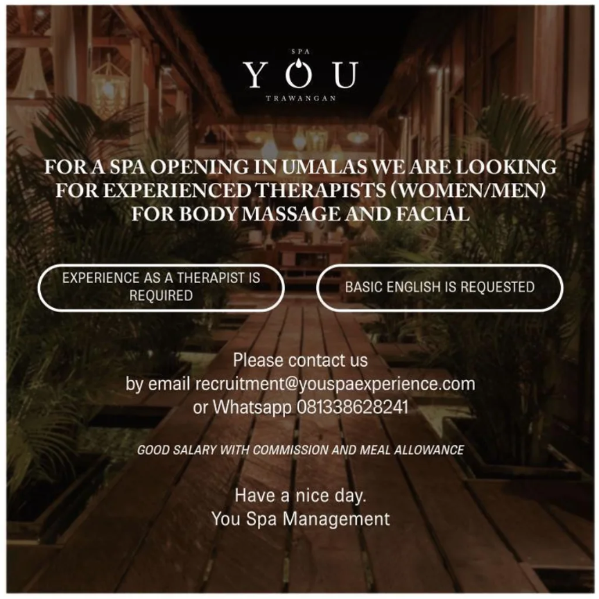 Lowongan Experienced Spa Therapist