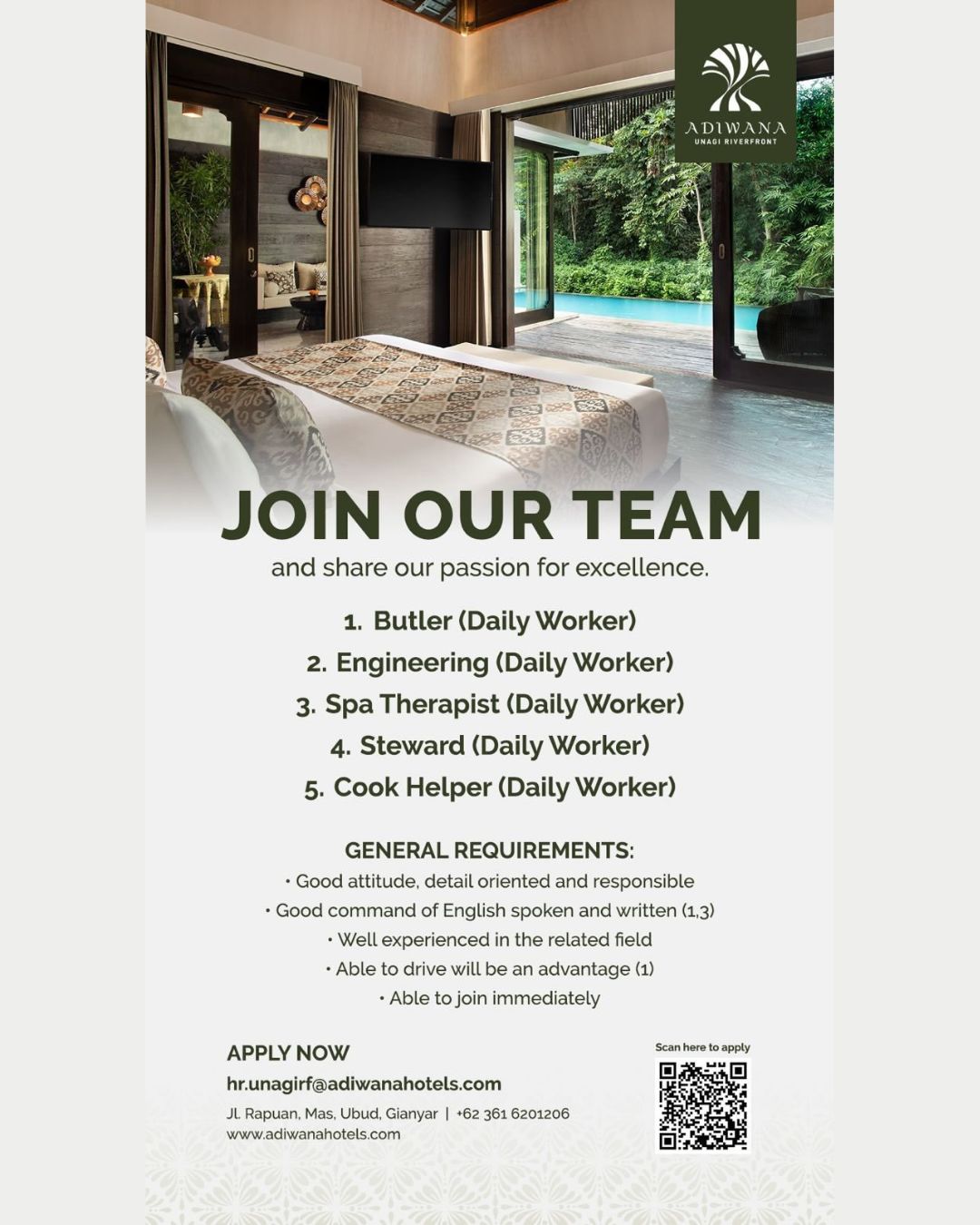 Join Our Team – Adiwana Unagi Riverfront